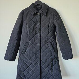 ICB Black Quilted Button Front Long Coat Jacket, US 2, Italy 36, Made in Japan